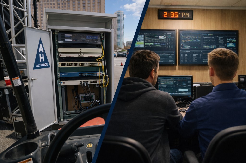 Outdoor Altitude field rack with networking gear beside an indoor operations desk monitoring dashboards and feeds.